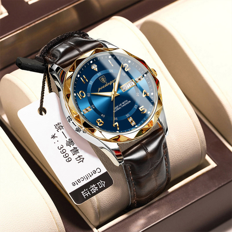 ساعة رجالية بحزام جلدي وشاشة مقاومة للكسر والخدش ومقاومة للماء ومظيئة في الظلام